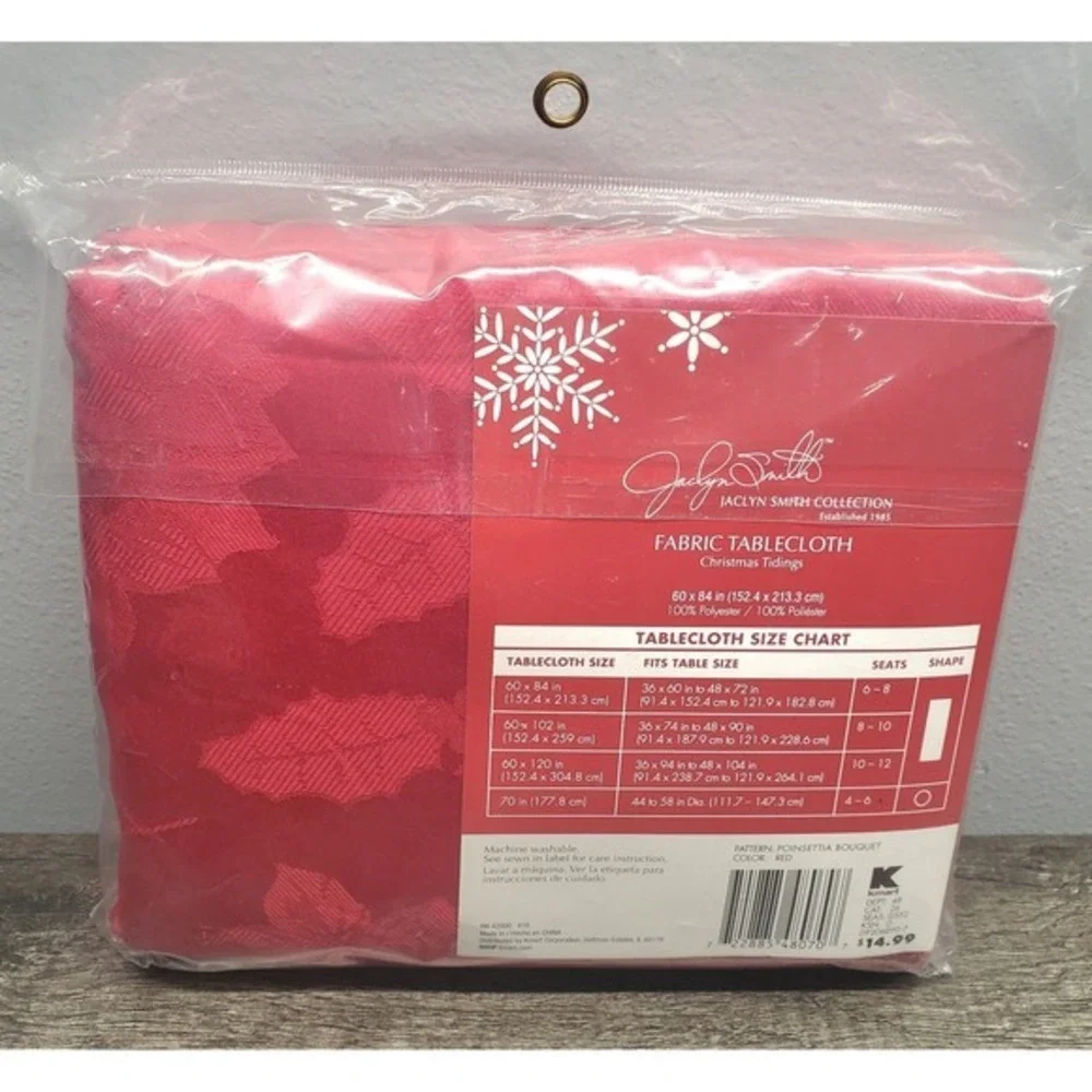 Vtg Jaclyn Smith Christmas‎ Tablecloth Fabric Red Poinsetta Bouquet 60x84 NEW